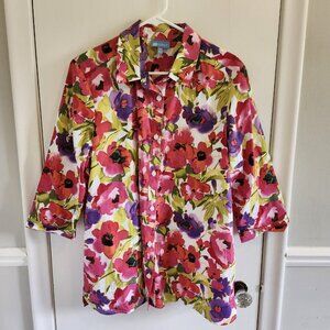 Koret Women's Size 14 Floral Shirt Button Up Blouse Top Red Purple Flowers Green